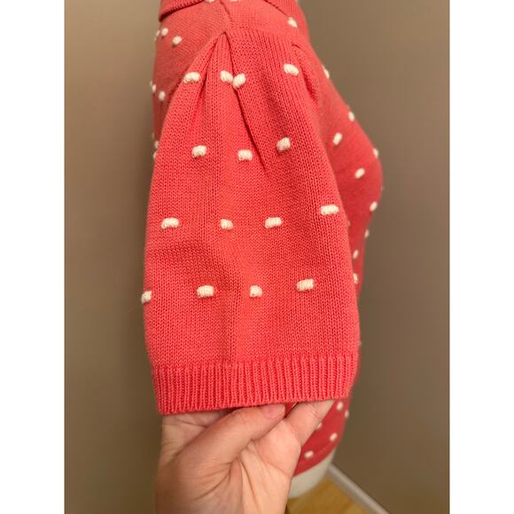 CeCe Pleat Sleeve Collared Pom Pom Sweater Pink/White Sz Medium - Picture 5 of 8